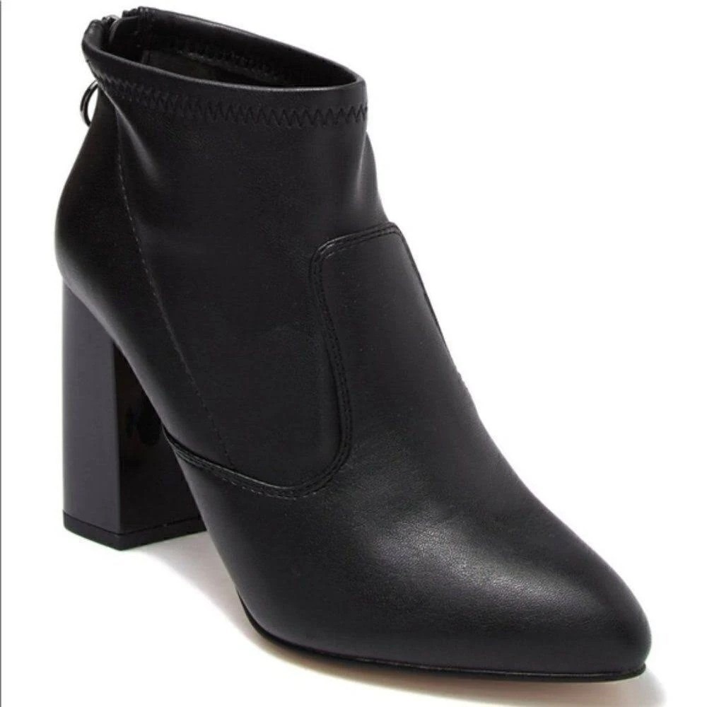 Franco Sarto Kortney Black Leather Ankle Booties Pointed Toe Block Heel Zip 7.5M